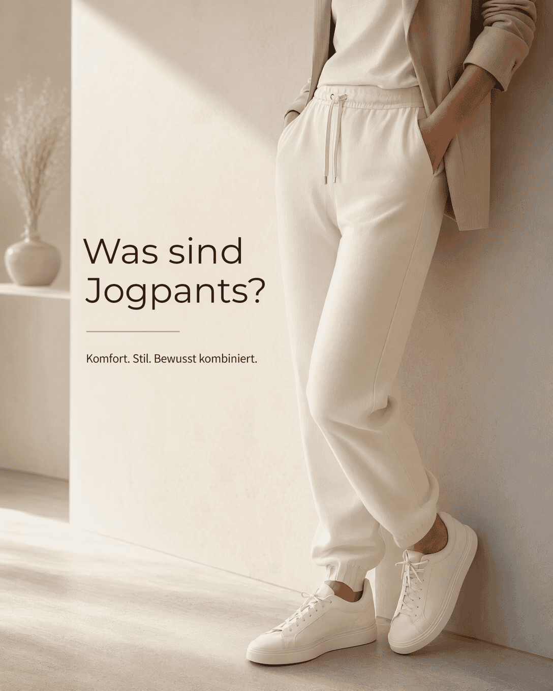 Editoriale Grafik zu Jogpants mit ruhigen Formen, Stofflinien und ESKYNA Farbwelt