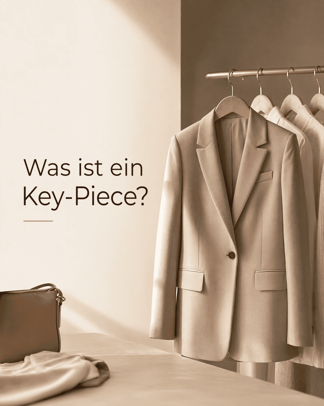 Editoriale Grafik mit einem zentralen Kleidungsstück und ruhigen Kombinationsflächen als Symbol für ein Key-Piece