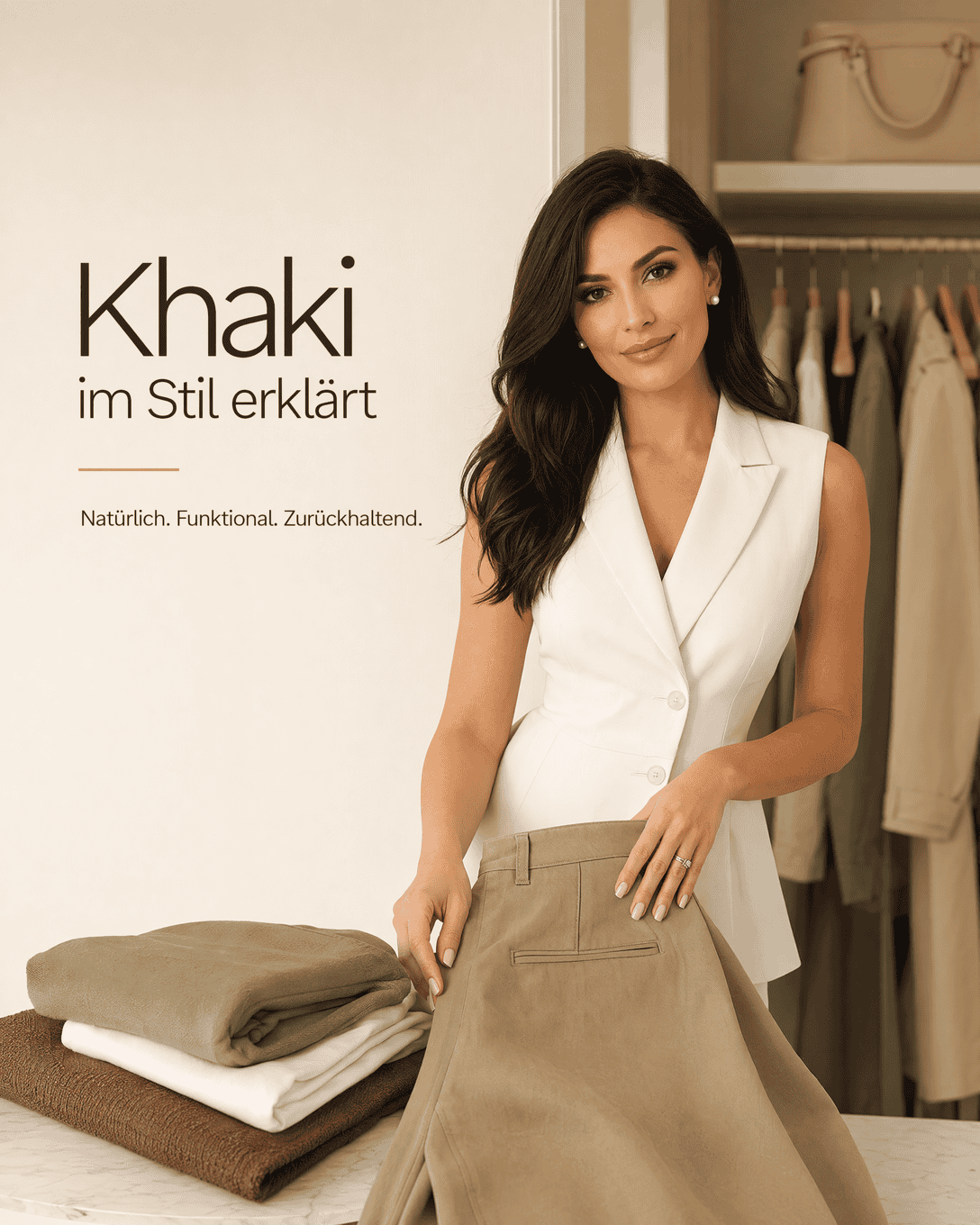 Editoriale Grafik zu Khaki mit Farbfeldern, Materialflächen und ruhigen Kombinationsakzenten
