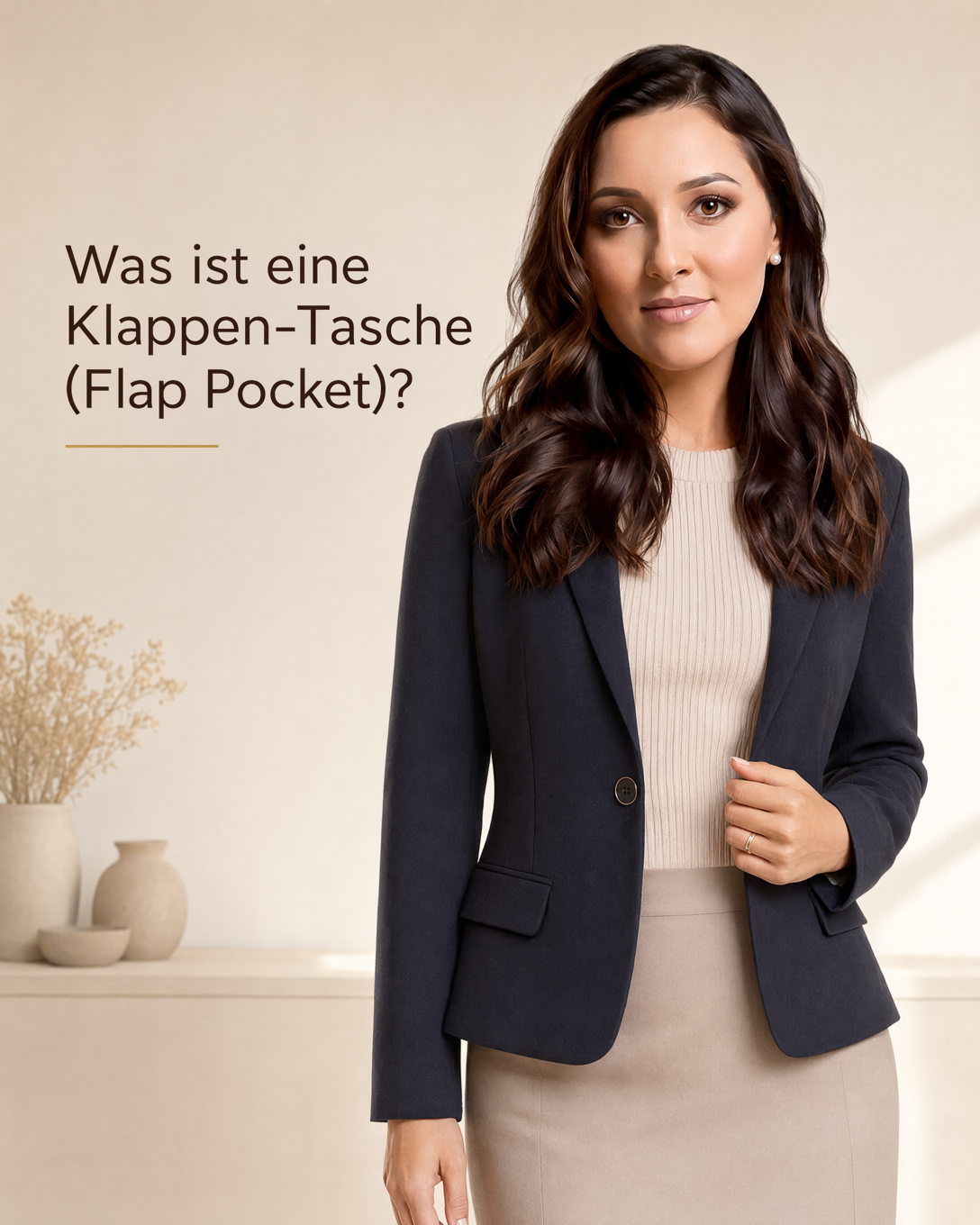 Dunkles Sakko mit zwei eingesetzten Klappen-Taschen auf Hüfthöhe