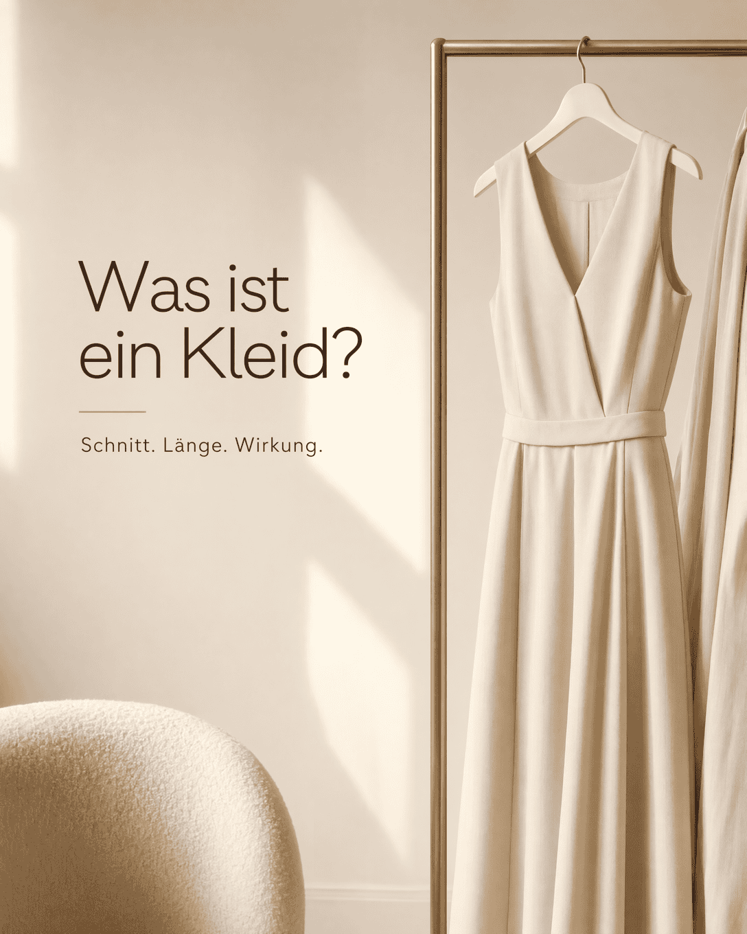 Editoriale Grafik zu Kleid mit ruhigen Formen, Stofflinien und ESKYNA Farbwelt