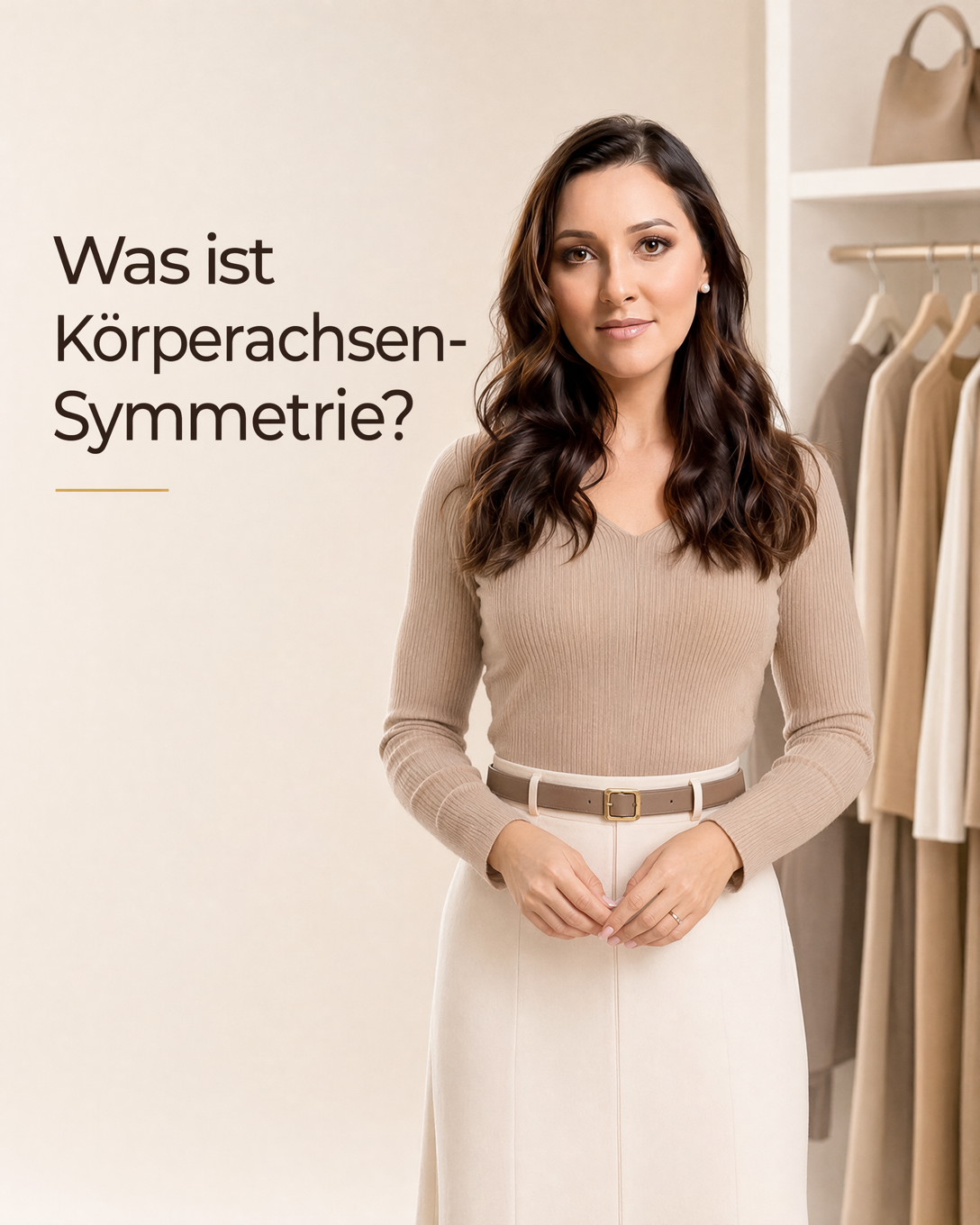 Outfit mit klarer Mittelachse, ausgewogener Schulterlinie und farblich abgestimmten Details