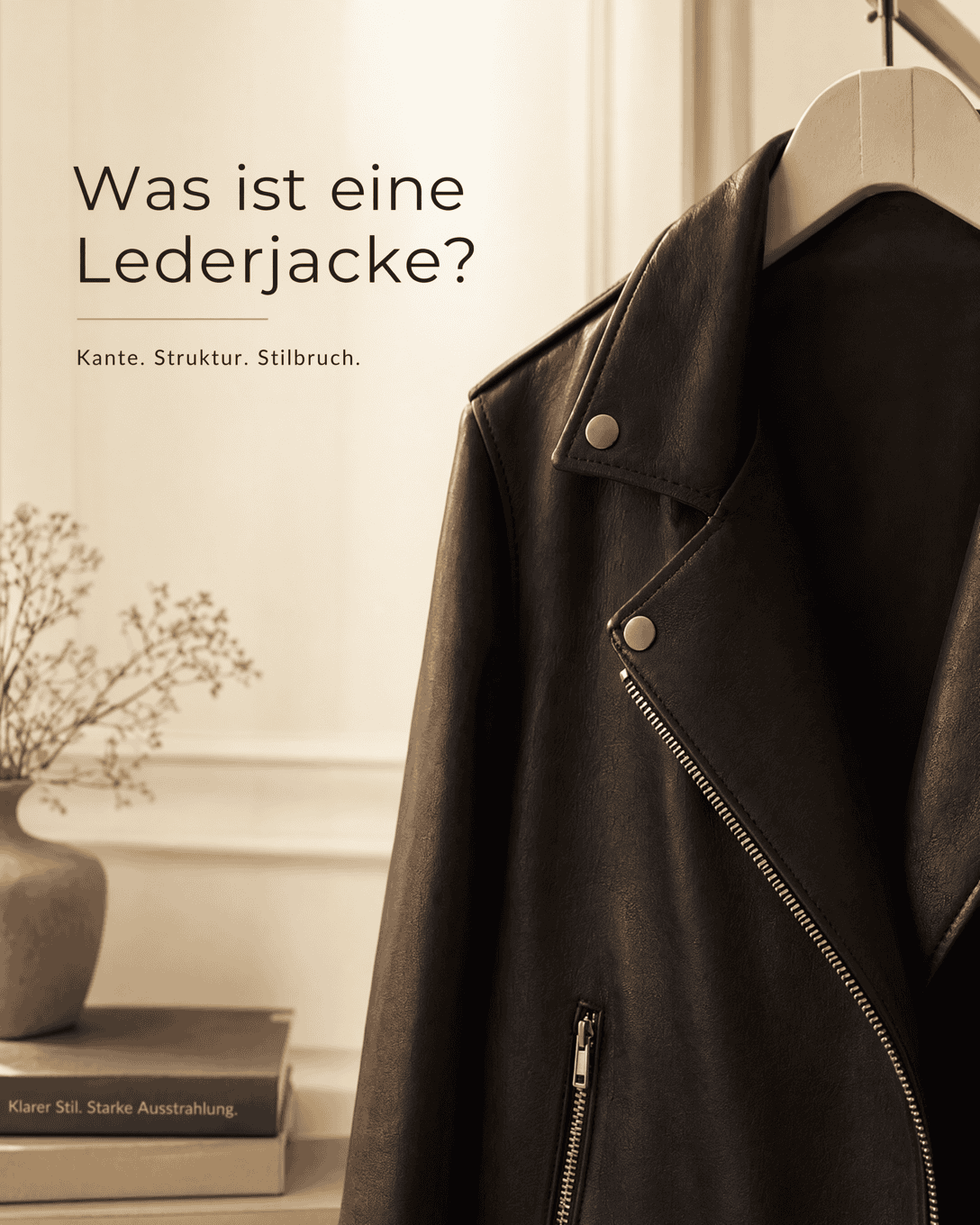 Editoriale Grafik mit stilisierter Lederjacke, Reissverschlussdetails und dunkler Struktur