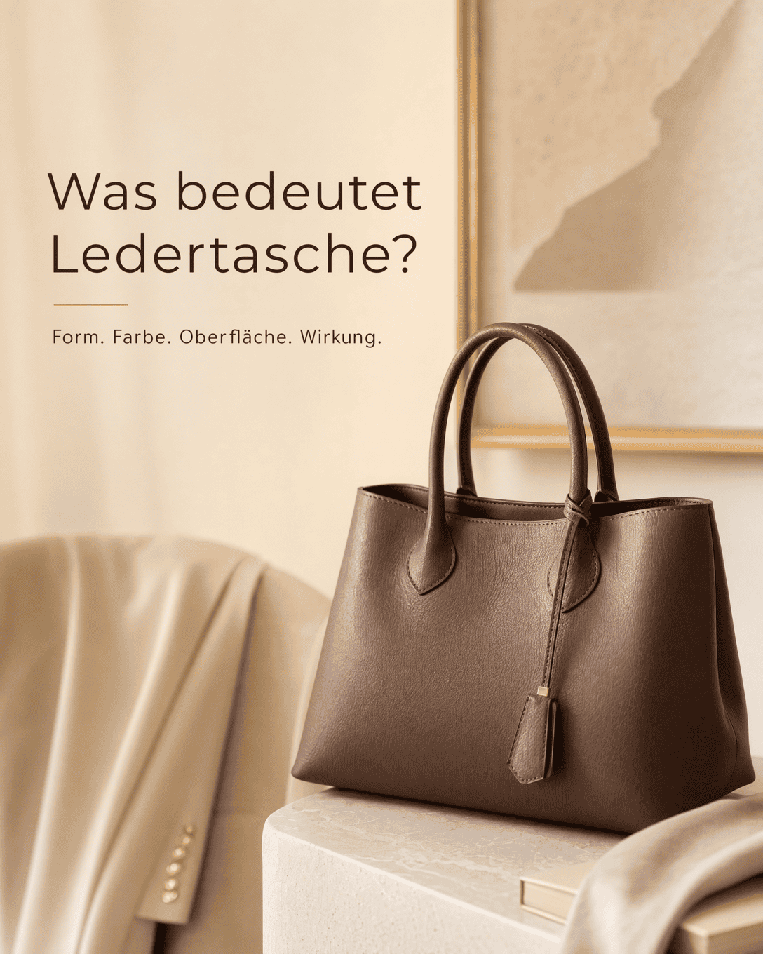 Editoriale Glossar-Grafik zu Ledertasche mit ruhigen Farbfeldern und feiner Linienführung