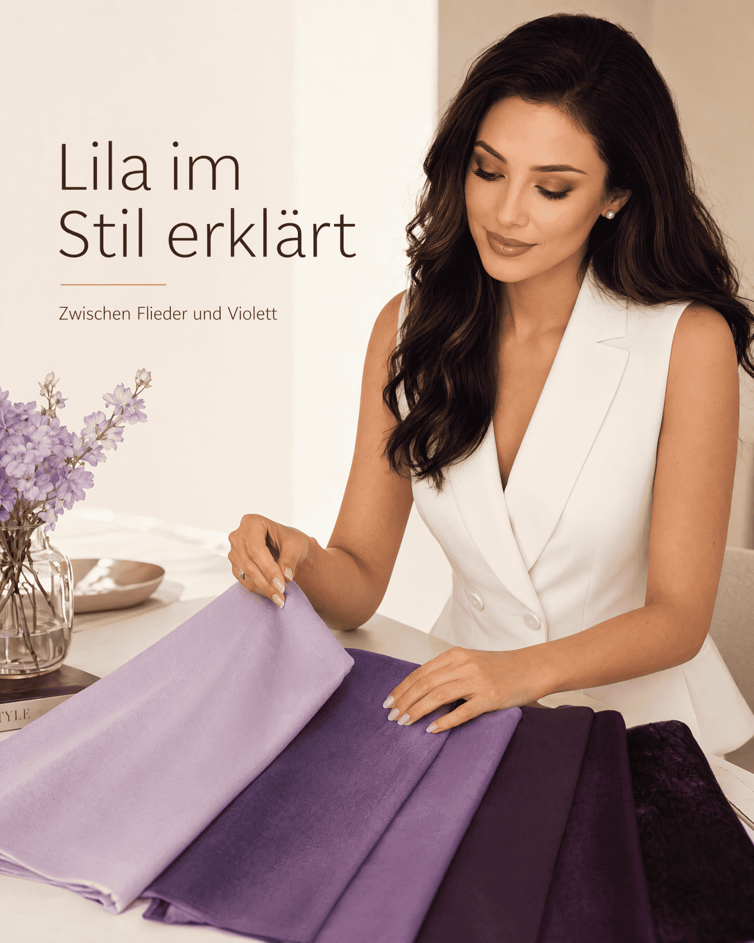 Editoriale Grafik mit Lila-Nuancen, ruhigen Farbfeldern und feiner Stoffstruktur