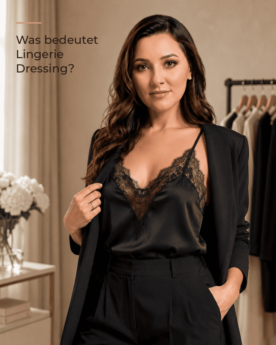 Eleganter Lingerie-Dressing-Look mit Satincamisole, weiter Hose und strukturiertem Blazer in ruhiger Farbpalette