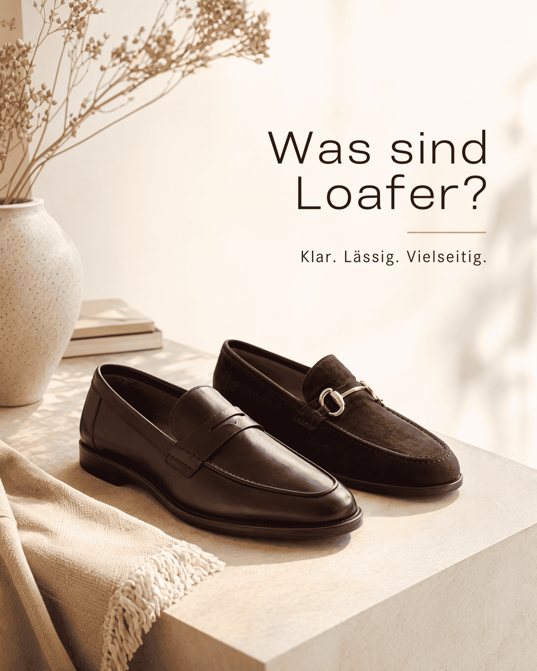 Editoriale Grafik mit stilisiertem Loafer, klarer Schuhform und ruhigen Farbfeldern