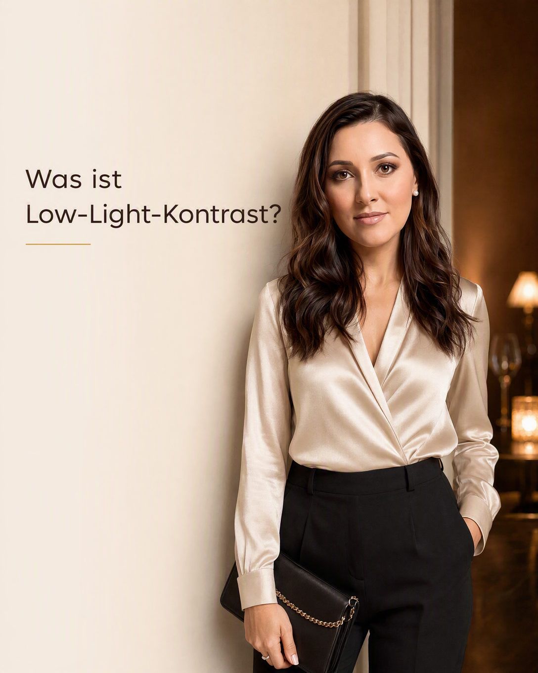 Dunkles Abendoutfit mit glänzendem Schmuck in gedämpftem Licht