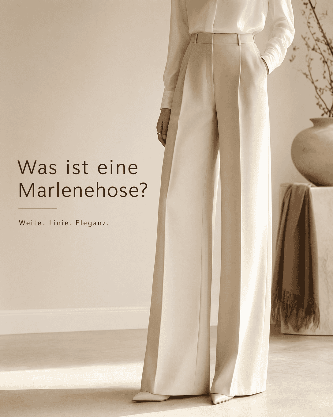Editoriale Grafik mit stilisierter Marlenehose, hoher Taille und langer weiter Beinlinie