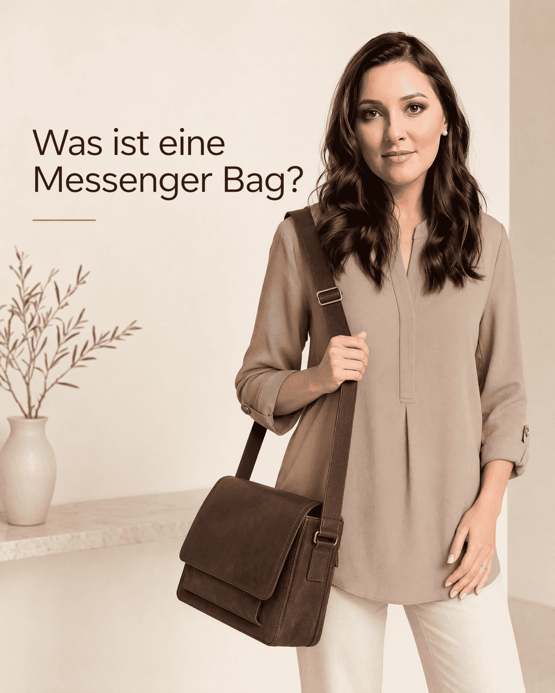 Rechteckige dunkelbraune Messenger Bag mit breiter Überschlagklappe, langem verstellbarem Riemen und seitlichen Befestigungen