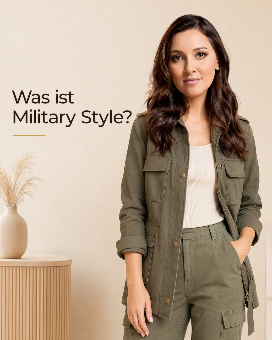 Person in olivgrüner Utility Jacke, Cargohose und robusten Boots