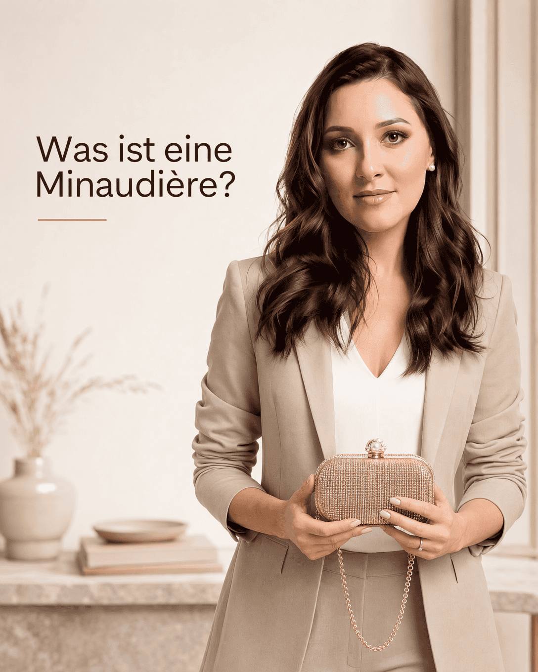 Kleine goldfarbene Minaudière mit festem Metallkorpus, Schmuckverschluss und feiner abnehmbarer Kette