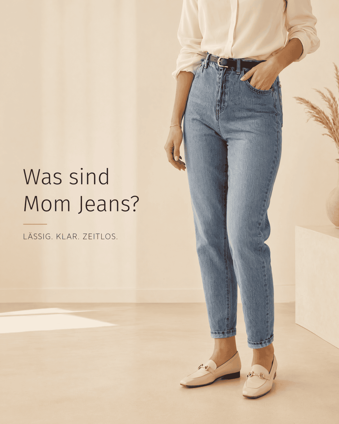 Editoriale Grafik zu Mom Jeans mit ruhigen Formen, Stofflinien und ESKYNA Farbwelt