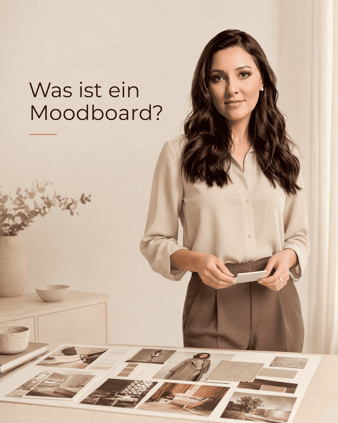 Kuratiertes Stil-Moodboard mit Outfitbildern, Farbkarten, Stoffstrukturen und beschreibenden Wörtern