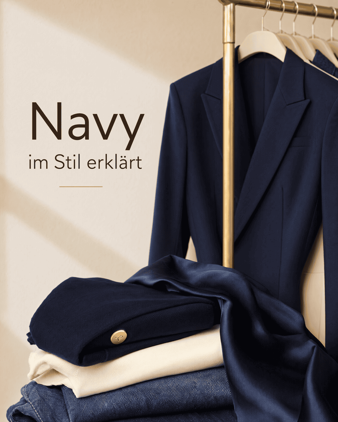 Editoriale Grafik mit Navy-Farbfeldern, hellen Akzenten und ruhigen Stofflagen
