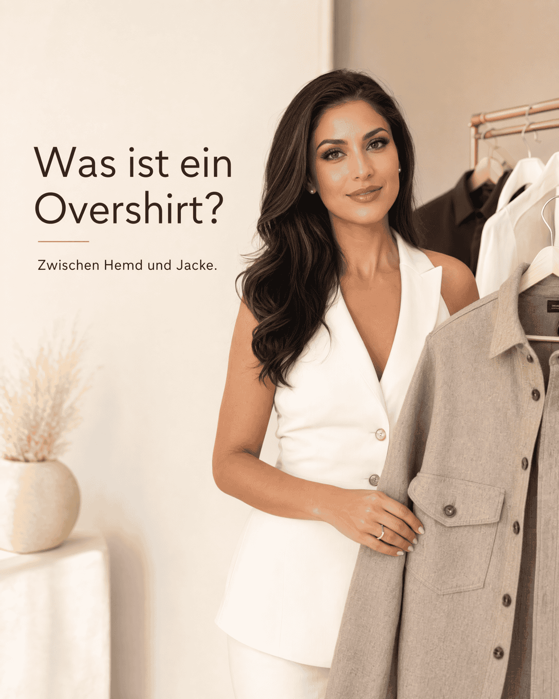 Editoriale Grafik mit stilisiertem Overshirt, Taschen und klarer Hemdjackenform