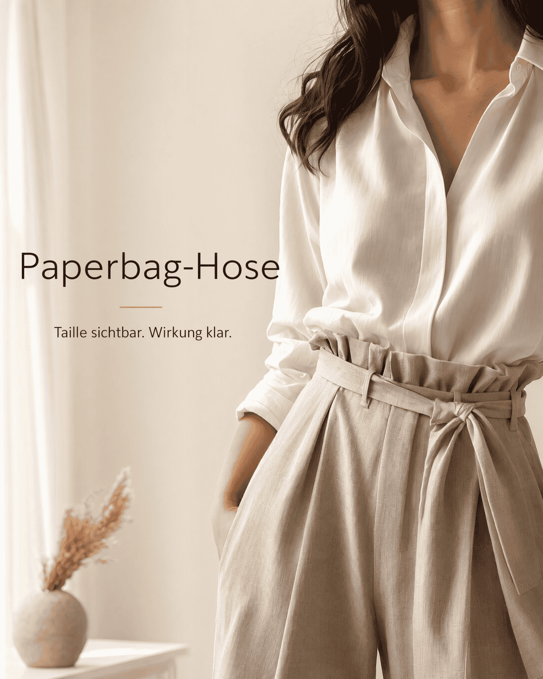 Editoriale Grafik zu Paperbag-Hose mit ruhigen Formen, Stofflinien und ESKYNA Farbwelt