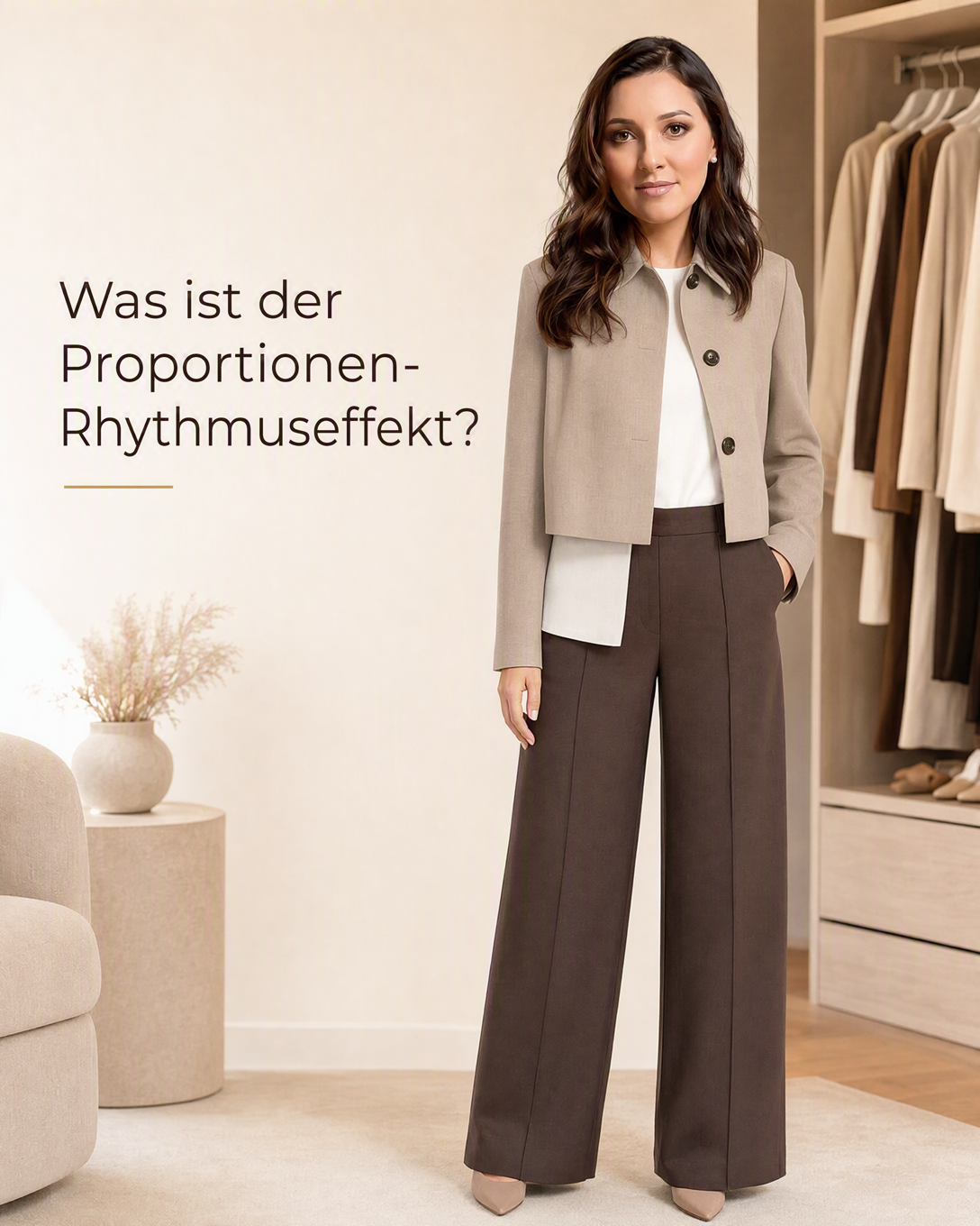 Outfit mit kurzer Jacke, langem Oberteil und weiter Hose als Beispiel für wechselnde Proportionen
