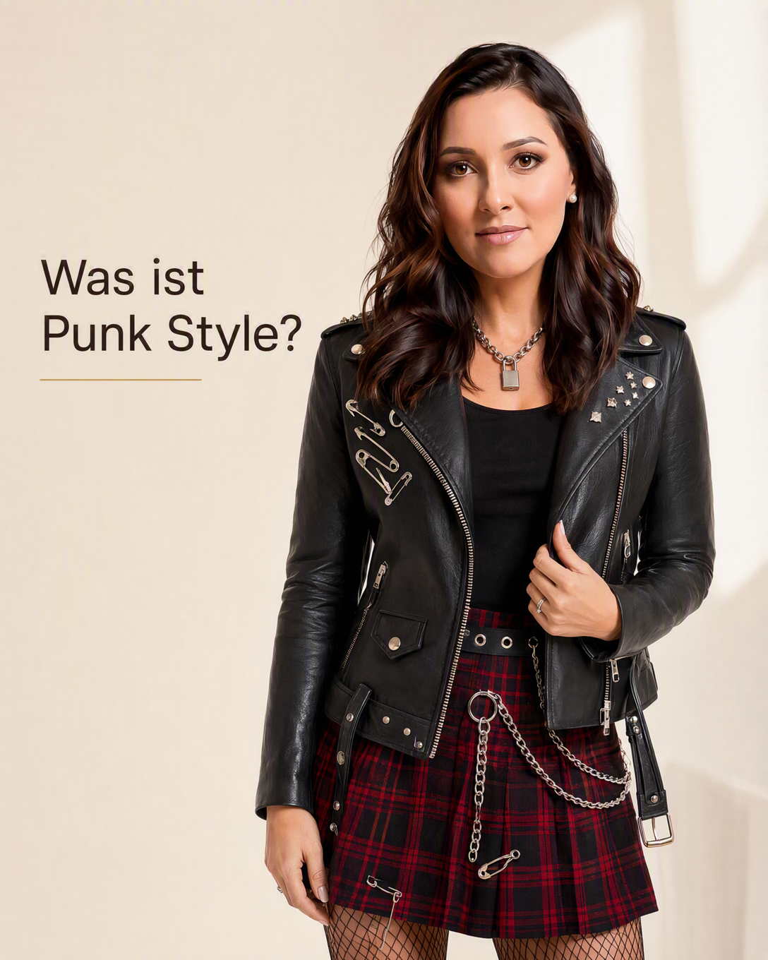 Person im Punk Style mit Lederjacke, kariertem Rock und Boots