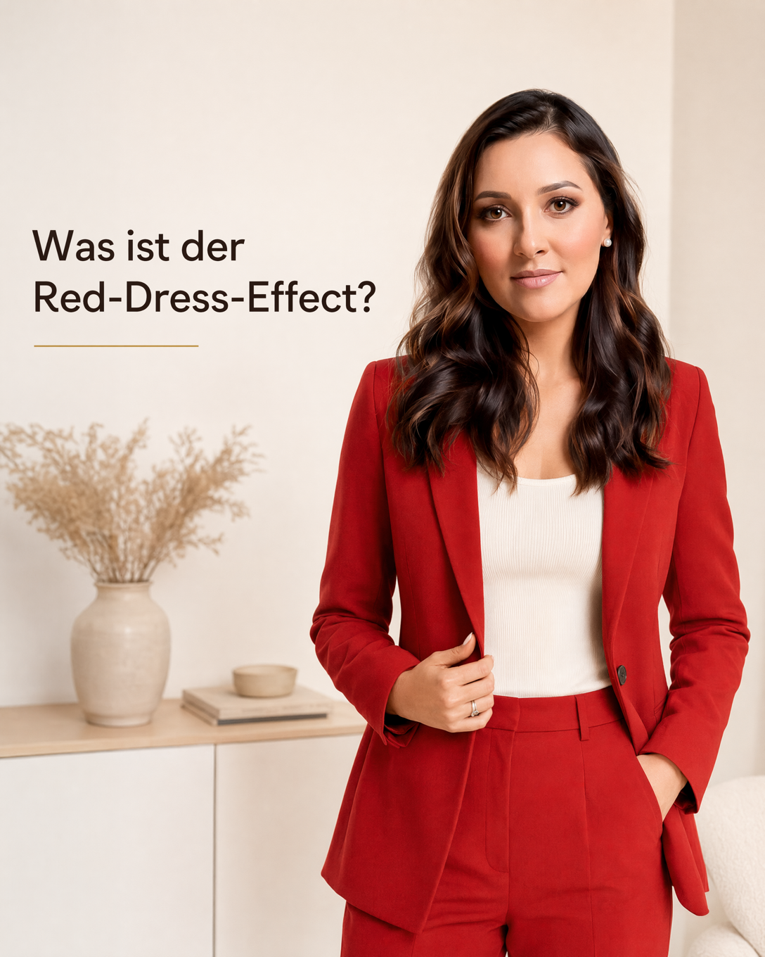Person in einem roten Kleid als gezielter Farbmittelpunkt eines eleganten Outfits