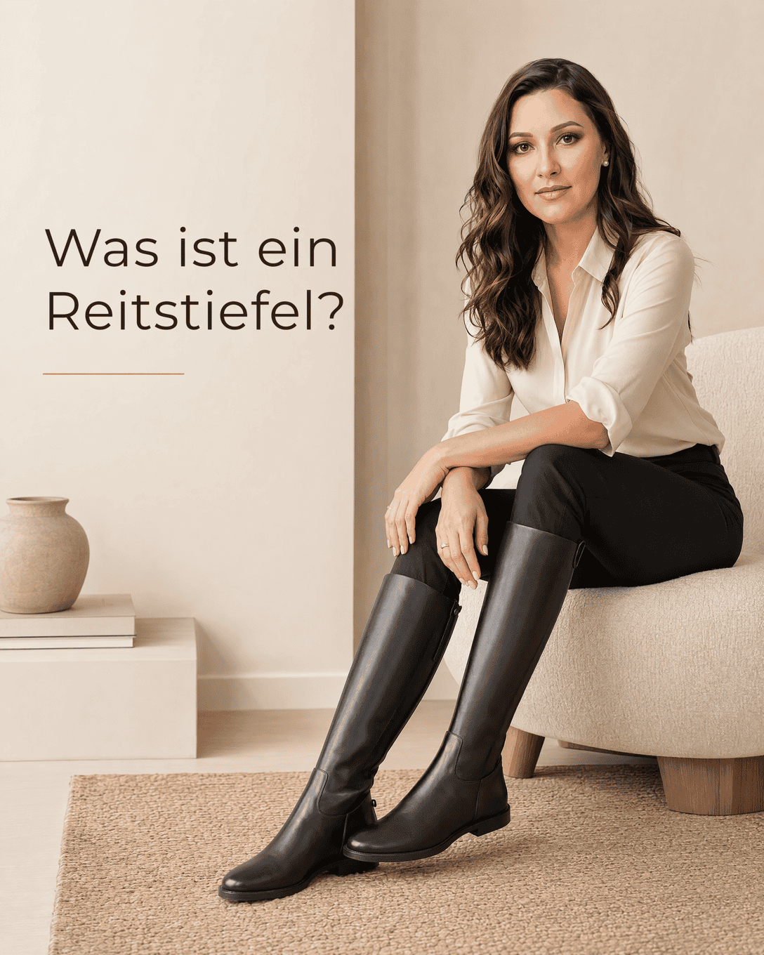 Schwarzer kniehoher Reitstiefel aus glattem Leder mit flachem Absatz, geradem Schaft und minimalistischem Finish