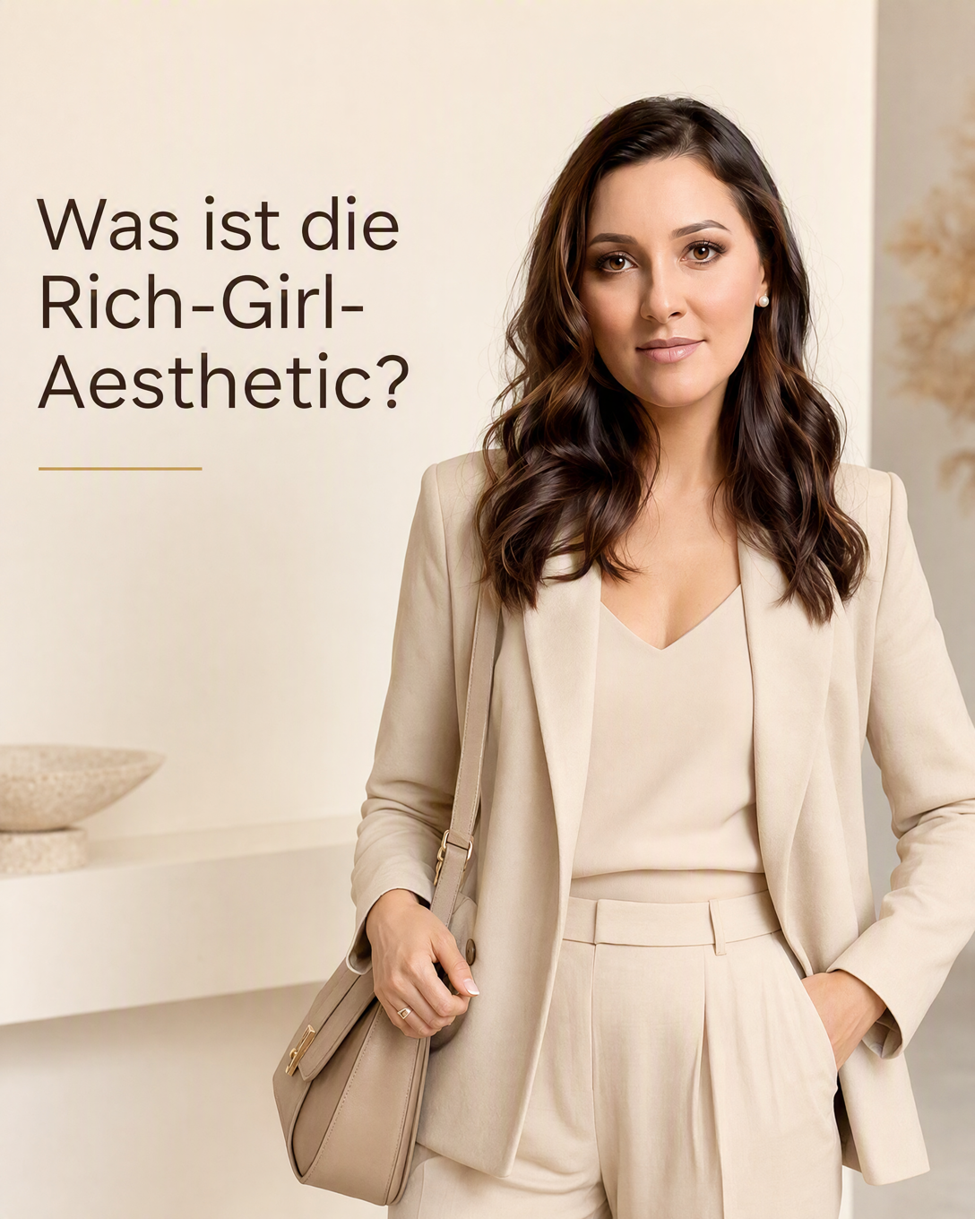 Frau in einem hellen, monochromen Outfit mit Blazer, weiter Hose und Ledertasche