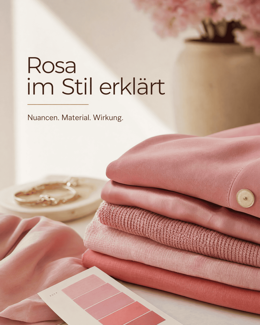 Editoriale Grafik mit Rosa-Nuancen, feinen Stoffflächen und ruhigen Kombinationsfarben
