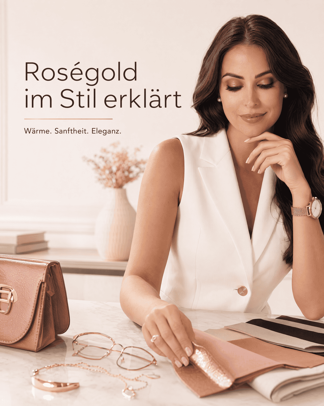 Editoriale Grafik zu Roségold mit Farbfeldern, Materialflächen und ruhigen Kombinationsakzenten
