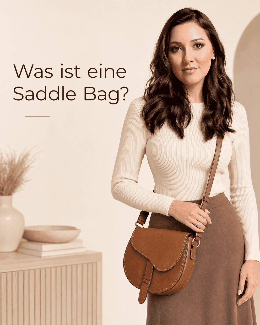 Cognacfarbene Saddle Bag aus Leder mit geschwungener Klappe, abgerundetem Boden und langem Schulterriemen