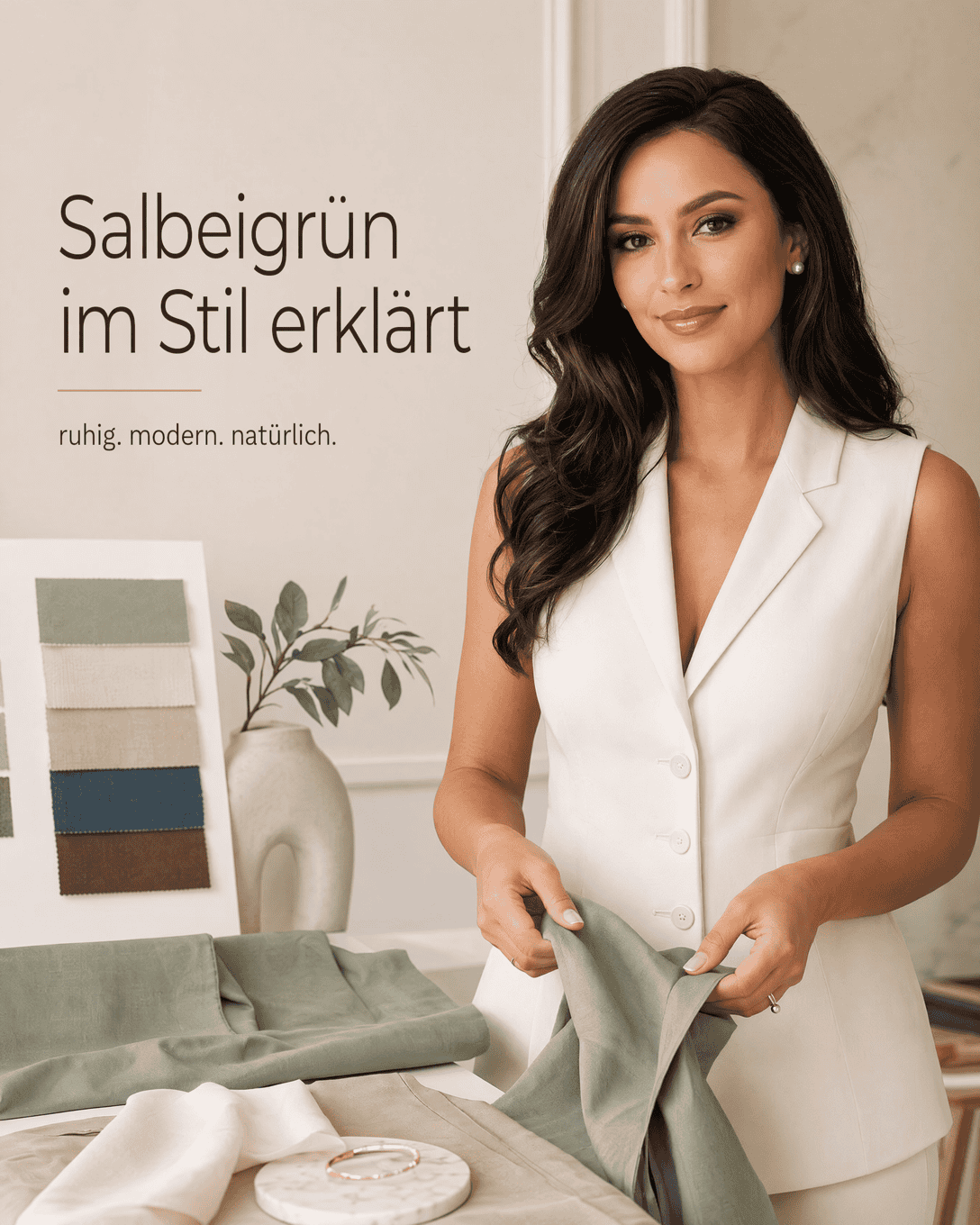 Editoriale Grafik zu Salbeigrün mit Farbfeldern, Materialflächen und ruhigen Kombinationsakzenten