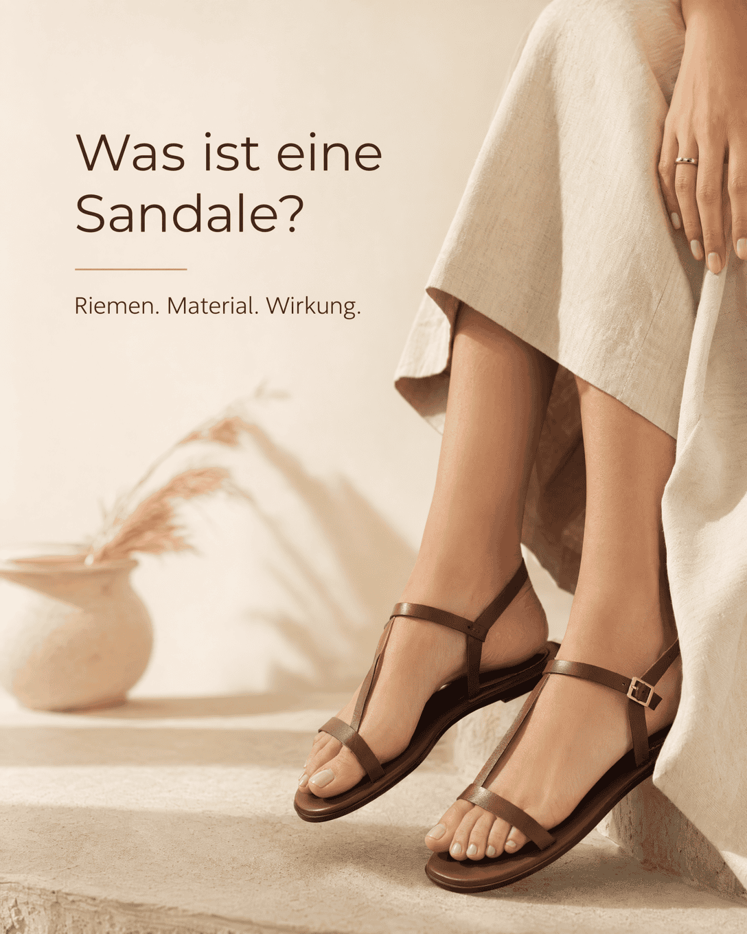 Editoriale Grafik zu Sandale mit ruhigen Formen, Stofflinien und ESKYNA Farbwelt
