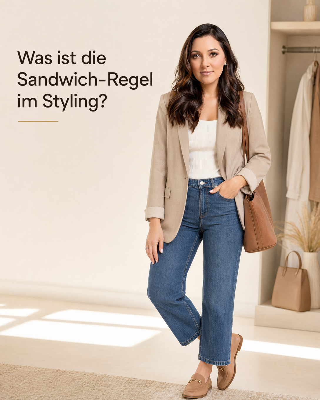 Outfit mit farblich aufeinander abgestimmtem Oberteil und Schuhen nach der Sandwich-Regel