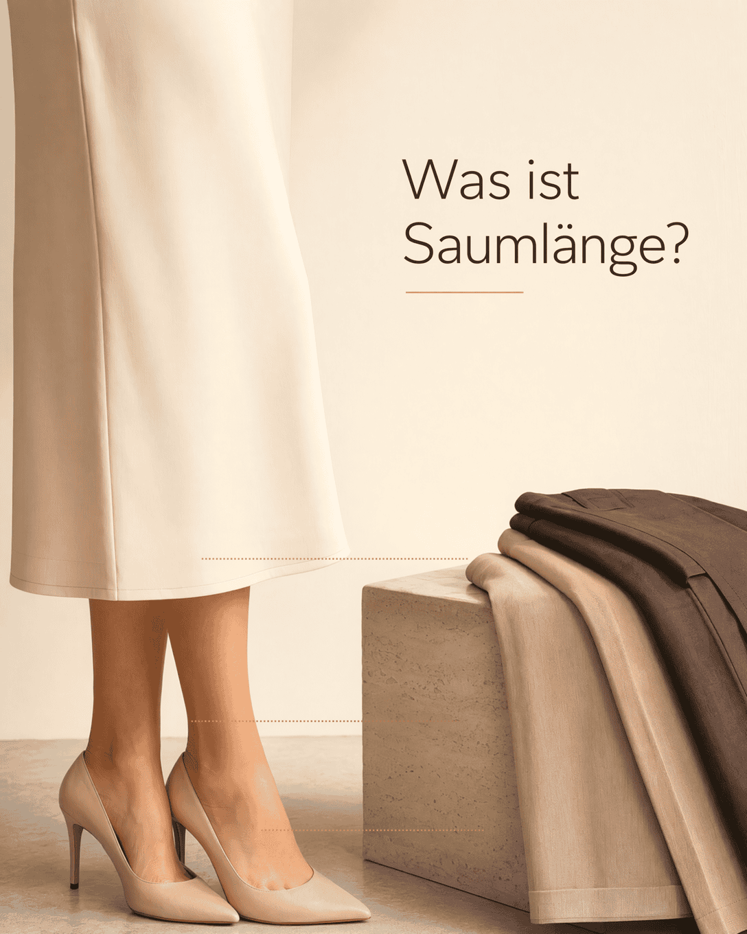 Editoriale Grafik mit Rock und Hose, markierten Saumlinien und feinen Proportionslinien