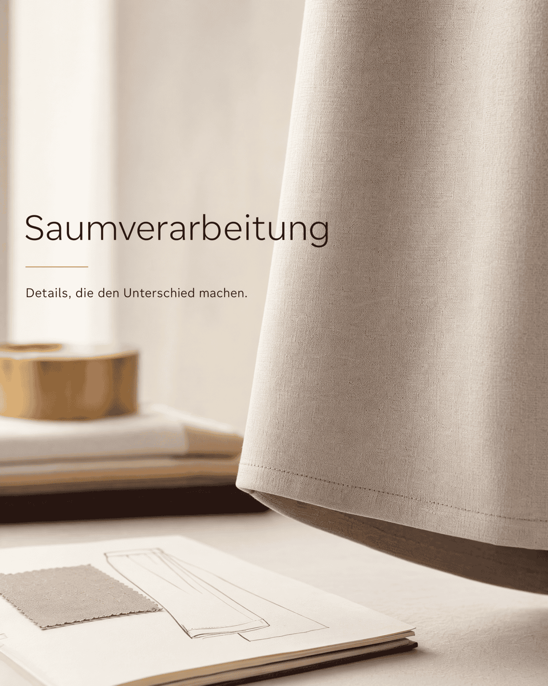 Editoriale Glossar-Grafik zu Saumverarbeitung mit ruhigen Farbfeldern und feiner Linienführung