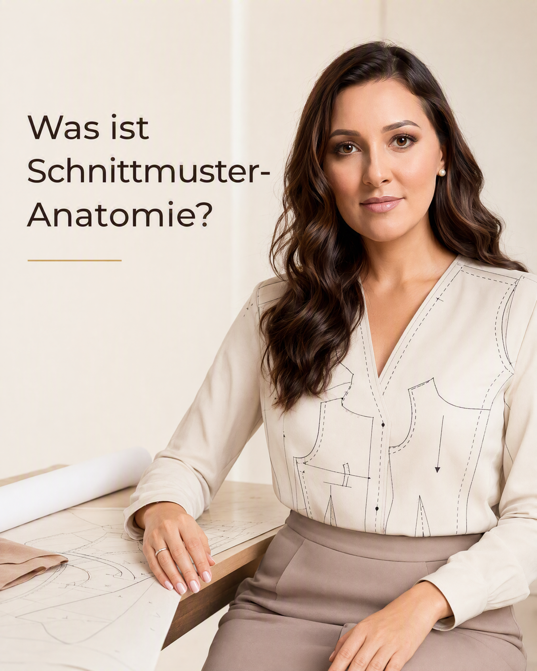 Schnittmusterteile eines Kleides mit eingezeichneten Nähten, Abnähern und Fadenlauf