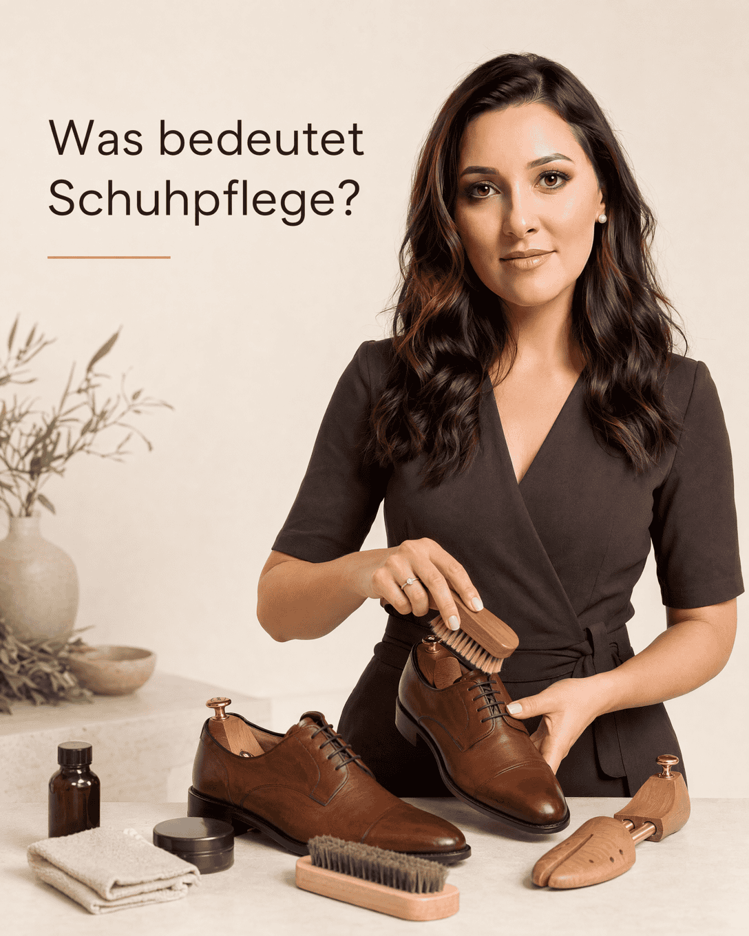 Geordnete Schuhpflege mit weicher Bürste, Tuch, Schuhspanner und materialgeeigneten Pflegeprodukten neben Lederschuhen