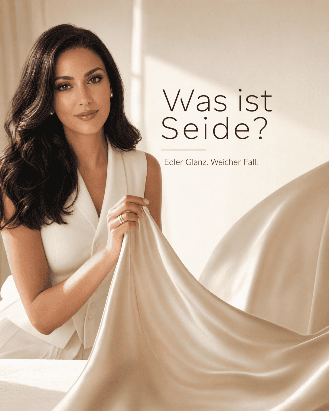 Editoriale Grafik mit schimmernder Seidenbahn, feiner Lichtkante und ruhigen Farbfeldern