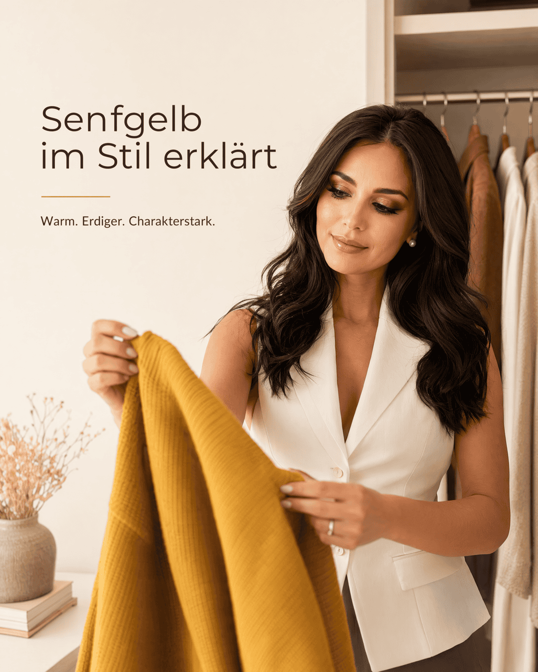 Editoriale Grafik zu Senfgelb mit Farbfeldern, Materialflächen und ruhigen Kombinationsakzenten