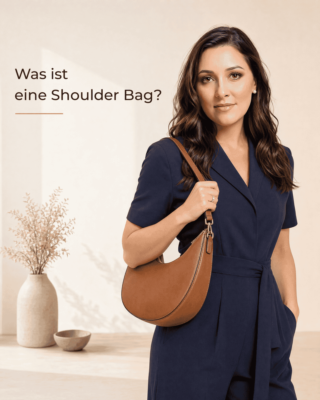 Mittelgroße cognacfarbene Shoulder Bag mit verstellbarem Schulterriemen, Reißverschluss und klarer halbmondförmiger Silhouette
