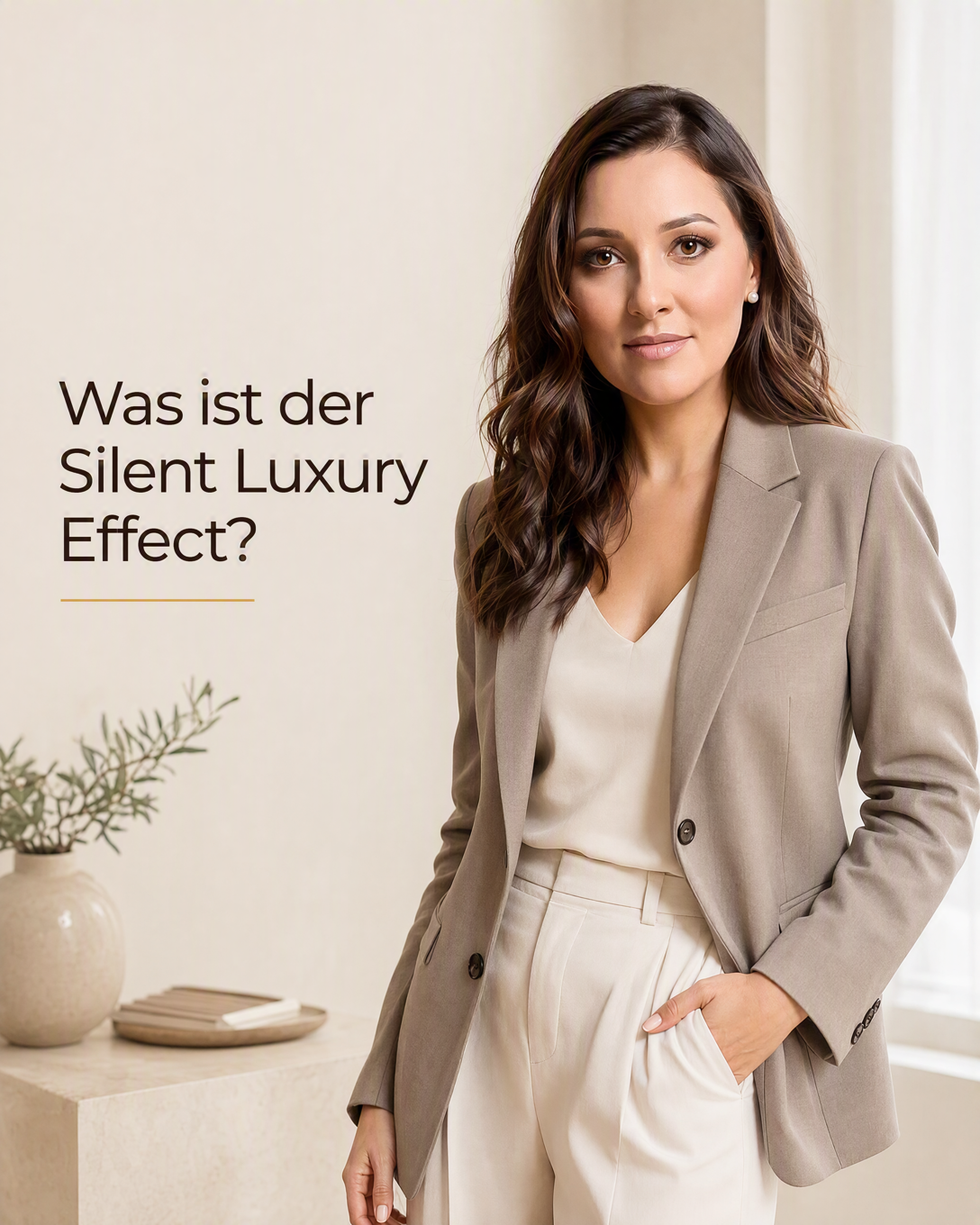 Zurückhaltendes Outfit aus hochwertig wirkenden neutralen Materialien ohne sichtbare Logos
