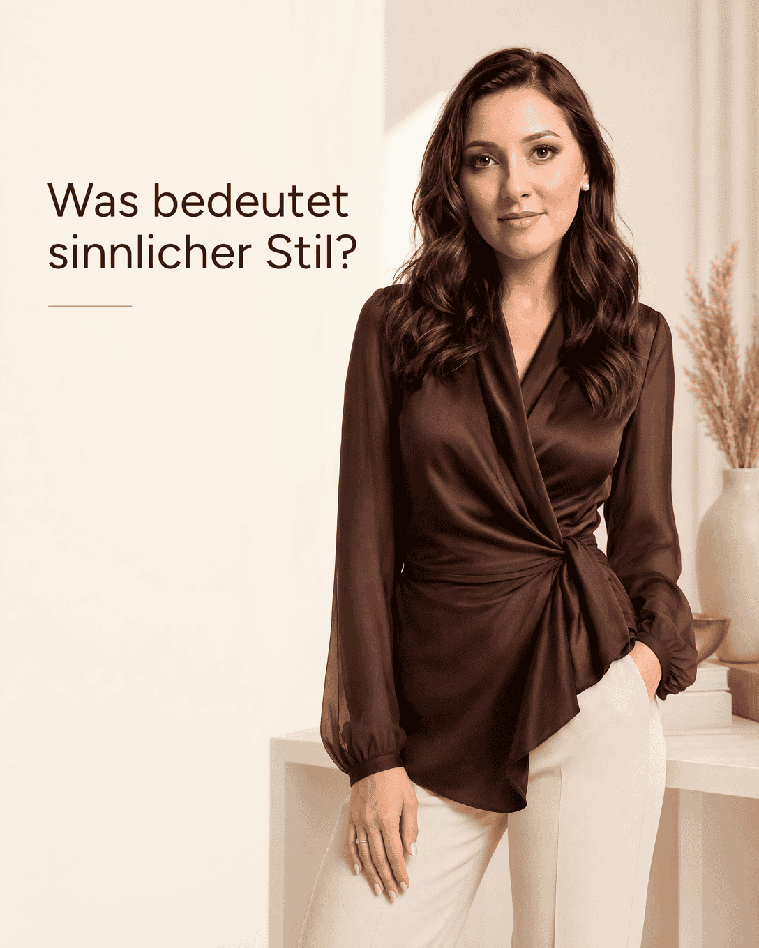 Eleganter sinnlicher Look mit fließendem dunklem Kleid, betontem Rücken, weichem Stofffall und zurückhaltendem Schmuck