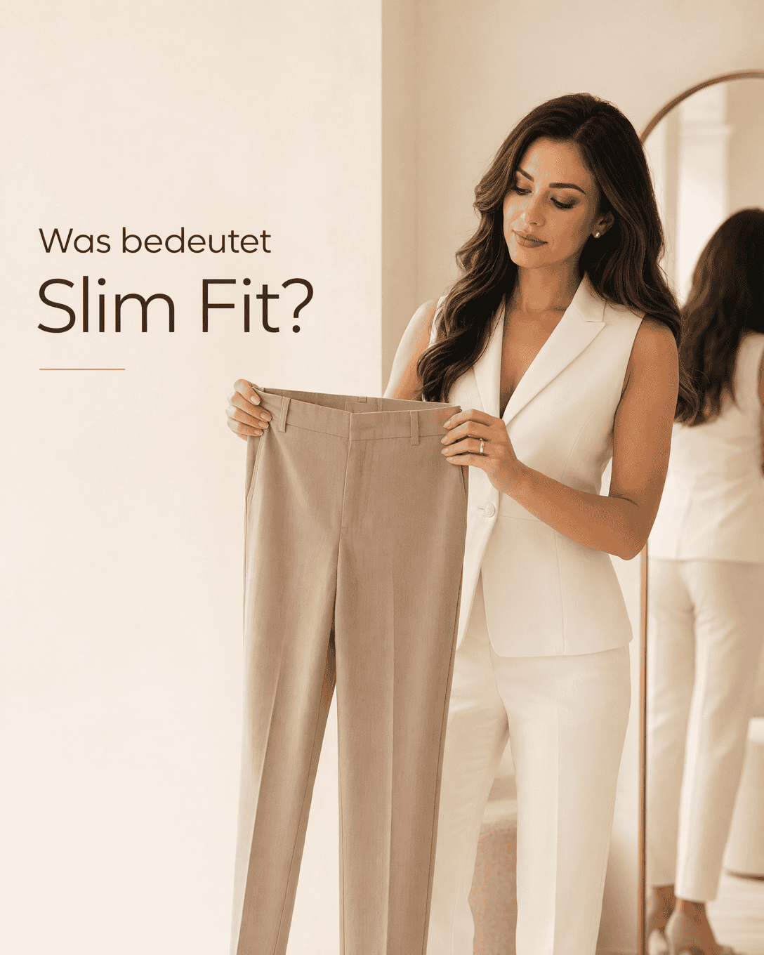 Editoriale Grafik mit schmal geschnittener Hose, Passformlinien und ruhiger Komposition
