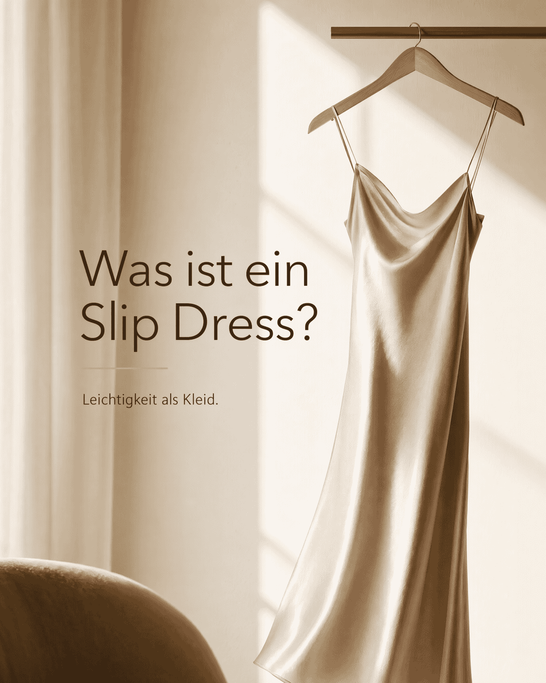 Editoriale Grafik mit stilisiertem Slip Dress, feinen Trägern und fließendem Glanz