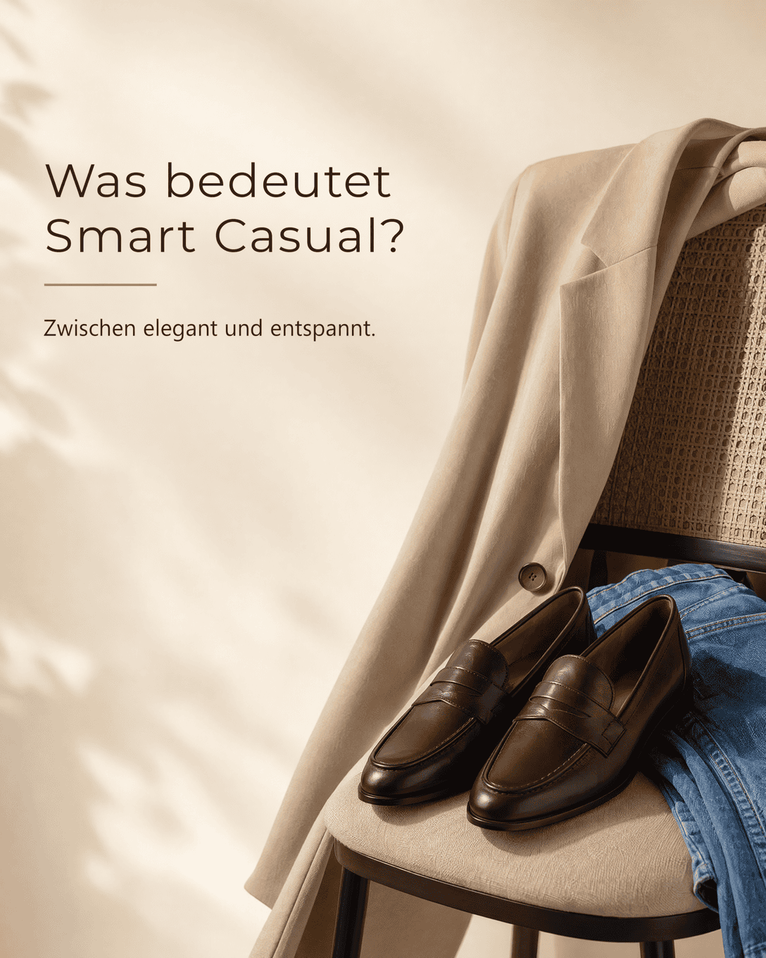 Editoriale Grafik mit Blazer, Loafer und ruhiger Kombination aus gepflegten und lässigen Formen