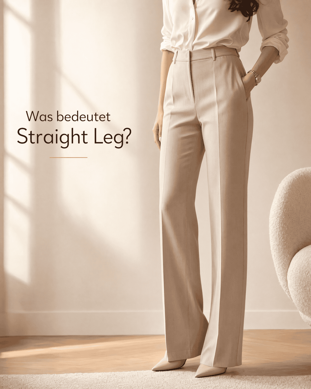 Editoriale Grafik mit gerade fallender Hose und klaren vertikalen Linien
