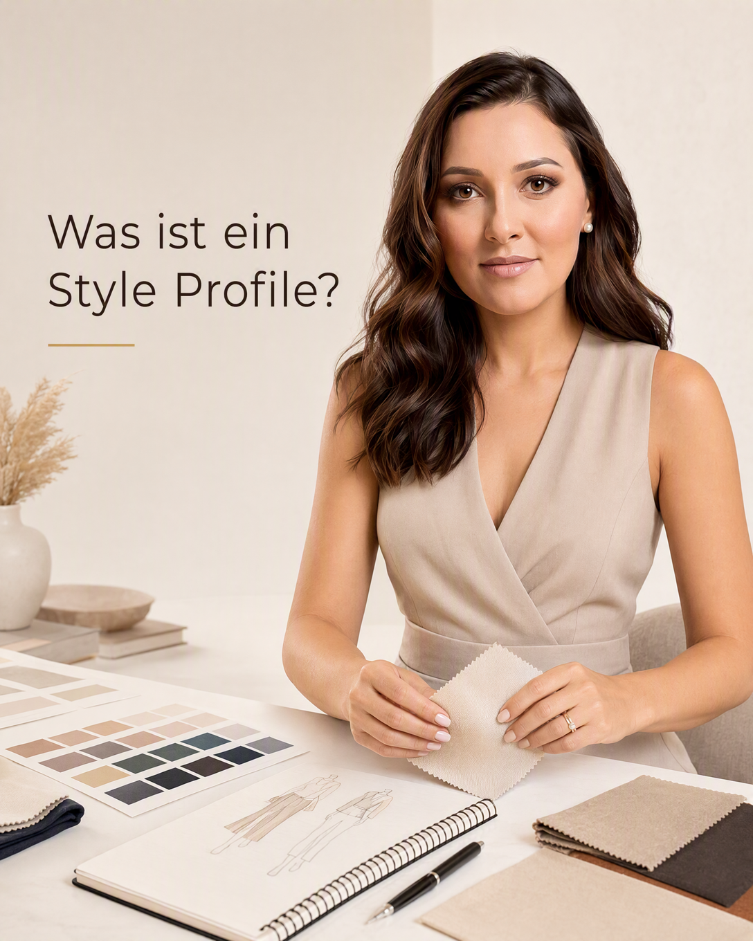 Stilprofil mit Farbpalette, Stoffmustern und Notizen zu persönlichem Stil