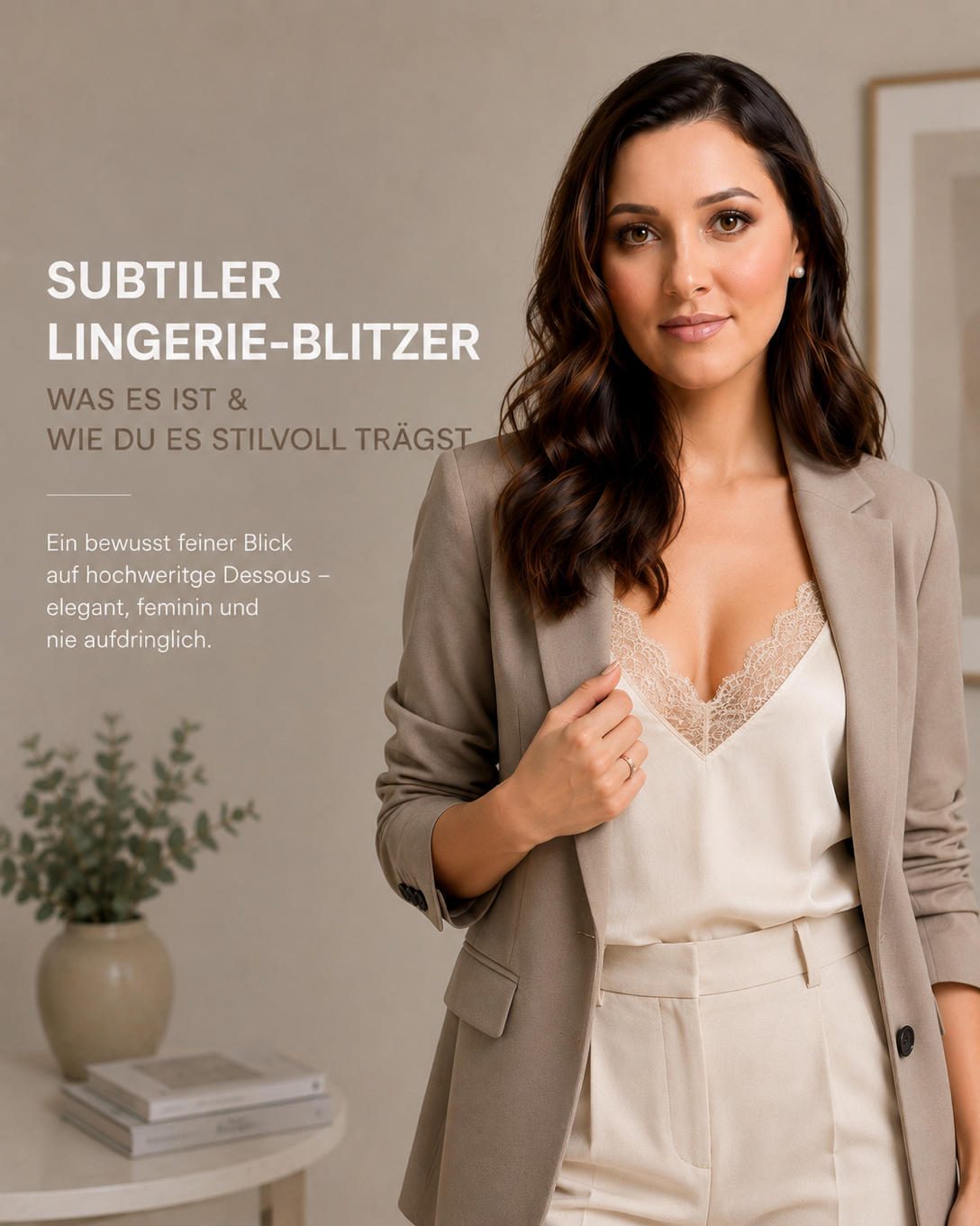 Feine Spitze eines Bralettes, die dezent unter einer offenen Bluse sichtbar ist