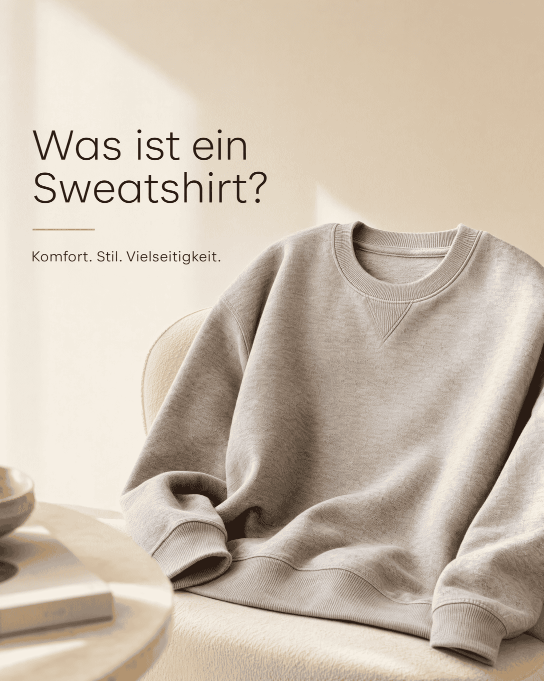 Editoriale Grafik mit stilisiertem Sweatshirt, Rundhals und weicher Stofffläche