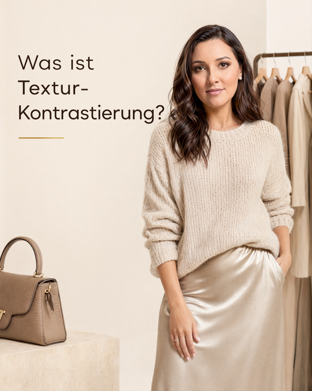 Monochromes Outfit aus glattem Satinrock, grobem Strickpullover und matter Ledertasche
