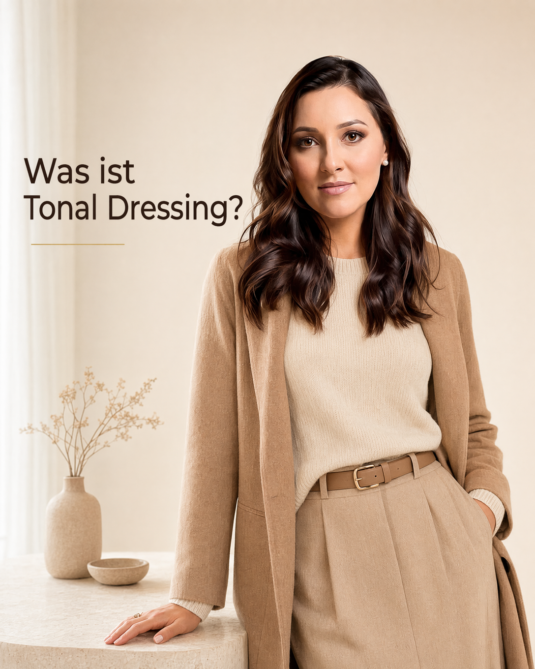 Tonales Outfit aus mehreren abgestuften Beigetönen mit Strickpullover, Hose und Mantel